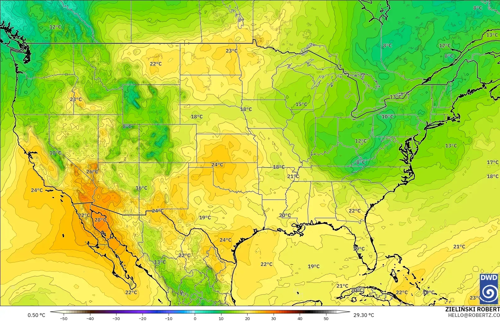 ICON modelo - Estados Unidos, Temperatura a 850 hPa