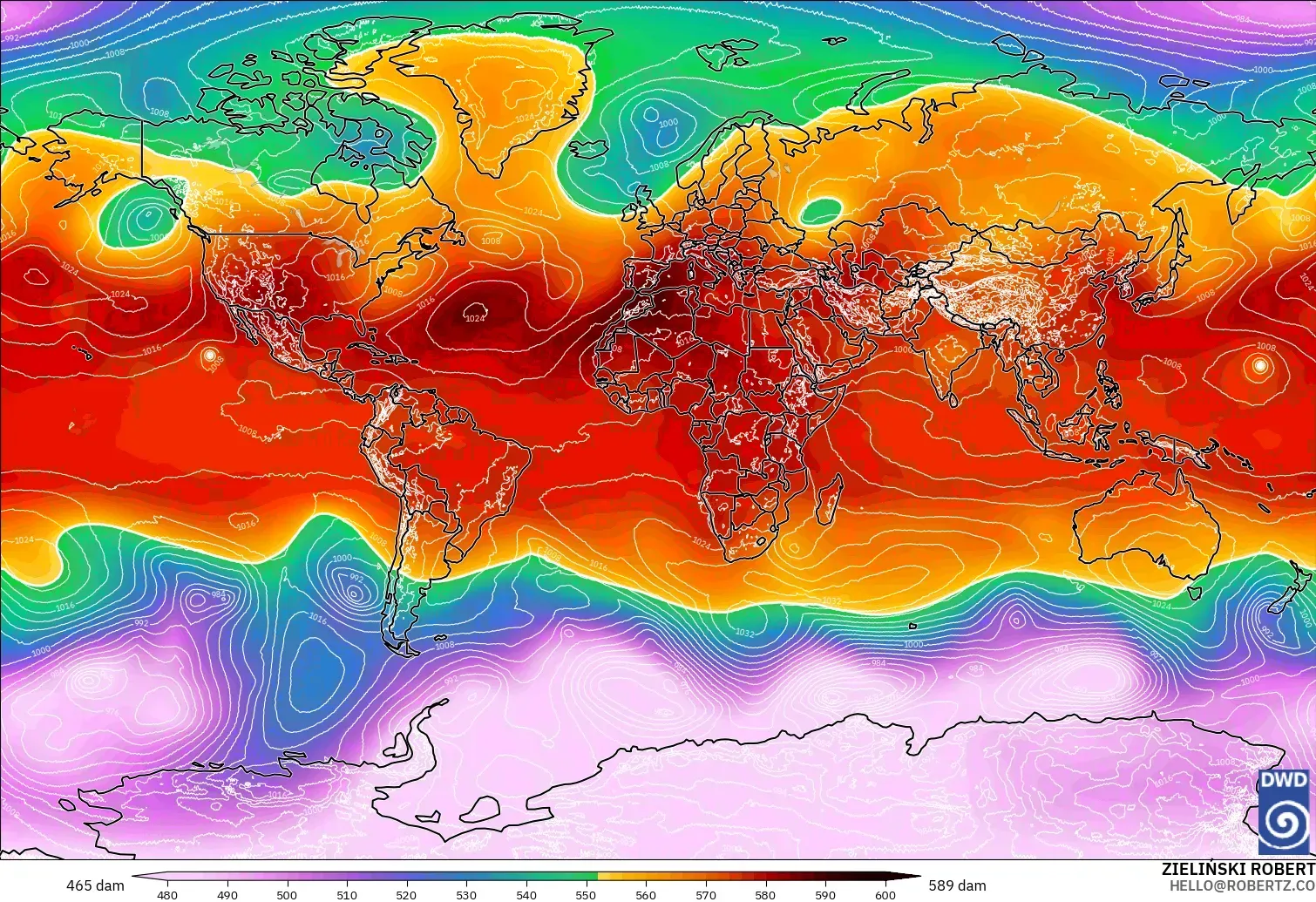 ICON modelo - Mundo, Altura geopotencial a 500 hPa