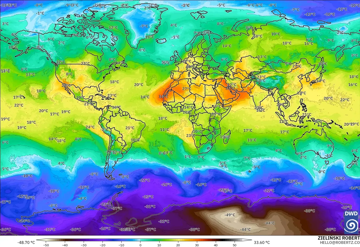 ICON modelo - Mundo, Temperatura a 850 hPa