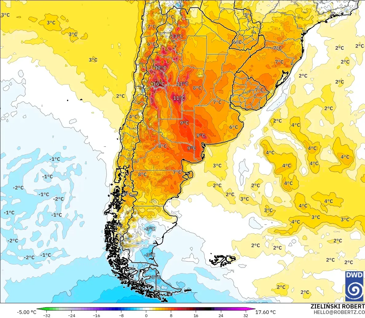 ICON modelo - Argentina, Anomalia de temperatura a 2 m