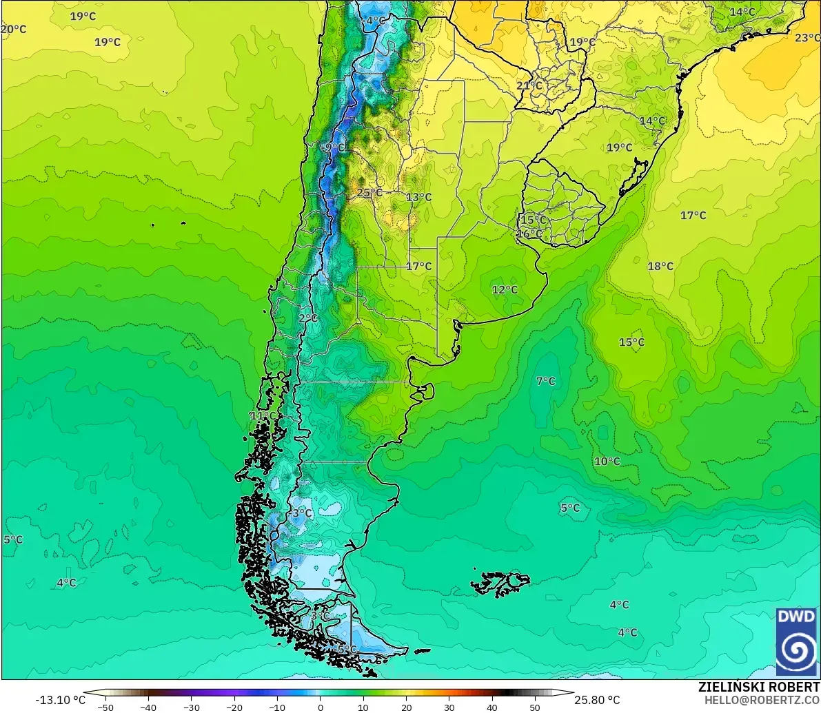 ICON modelo - Argentina, Temperatura a 2 m