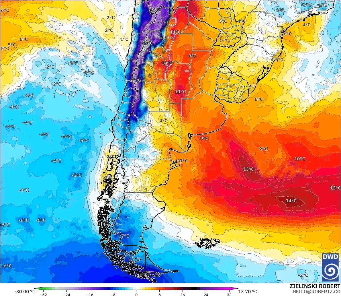 ICON modelo - Argentina, Anomalia de temperatura a 850 hPa