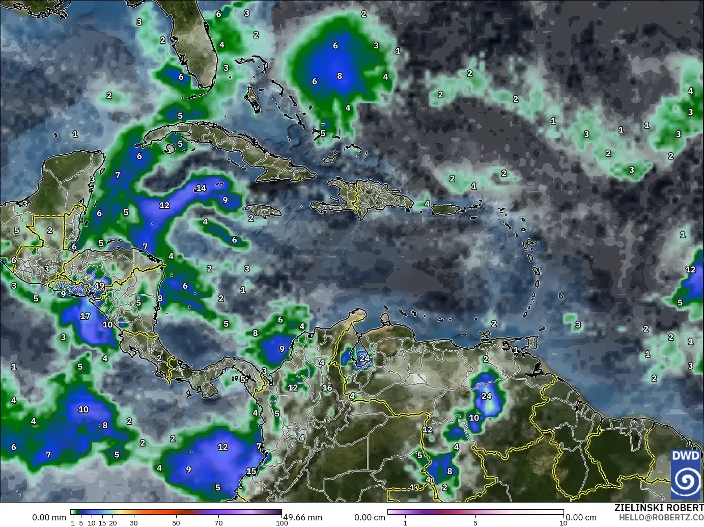 ICON modelo - Caribe, Precipitação, nuvens e pressão
