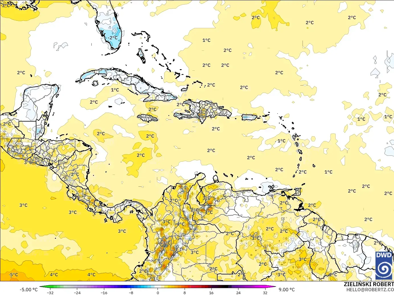 ICON modelo - Caribe, Anomalia de temperatura a 2 m