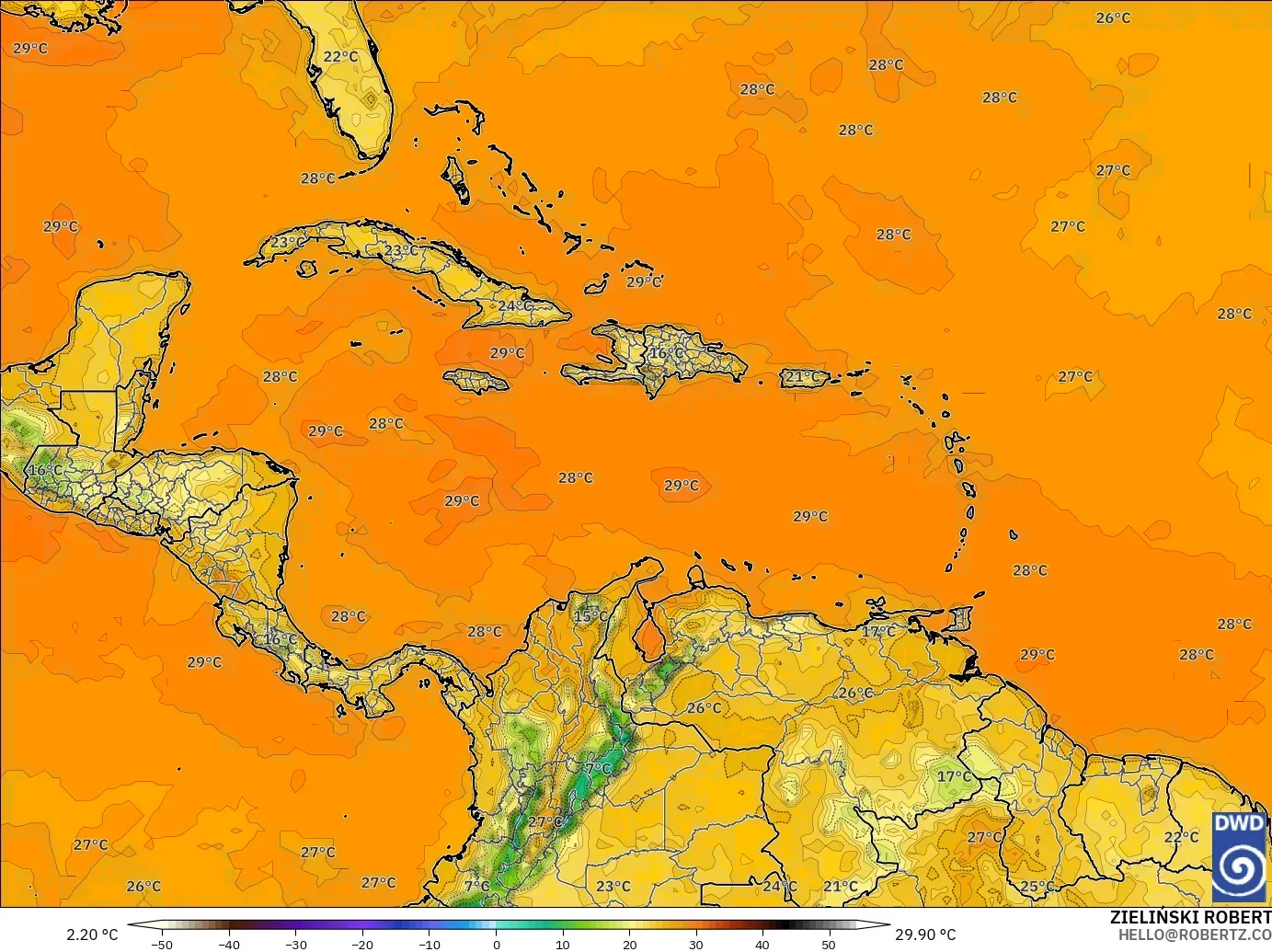 ICON modelo - Caribe, Temperatura a 2 m