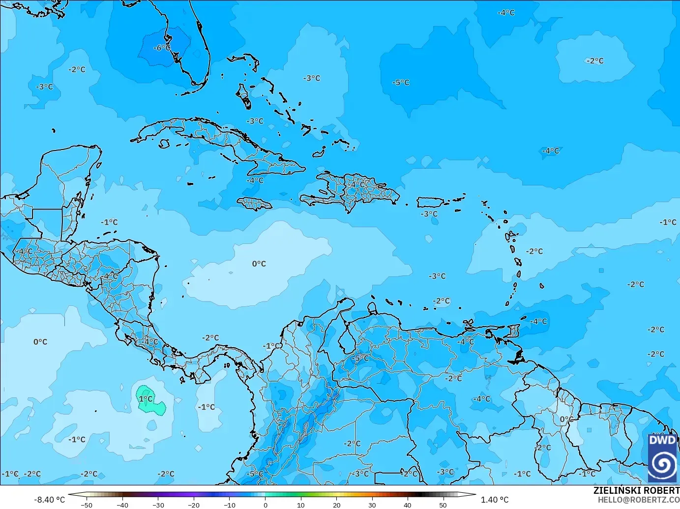 ICON modelo - Caribe, Temperatura a 500 hPa