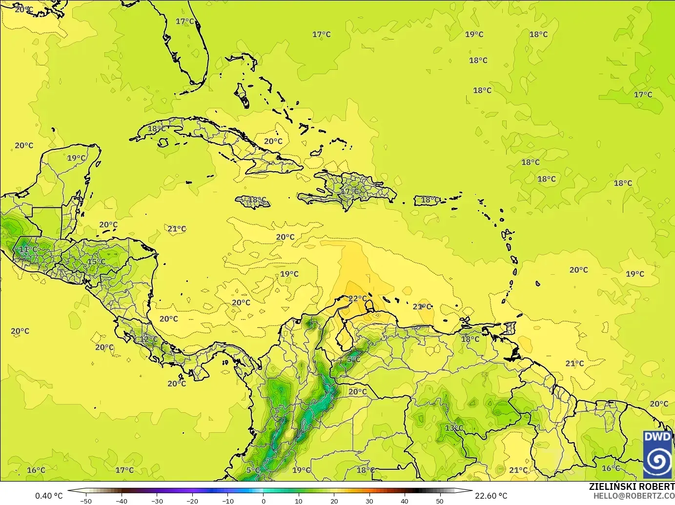 ICON modelo - Caribe, Temperatura a 850 hPa