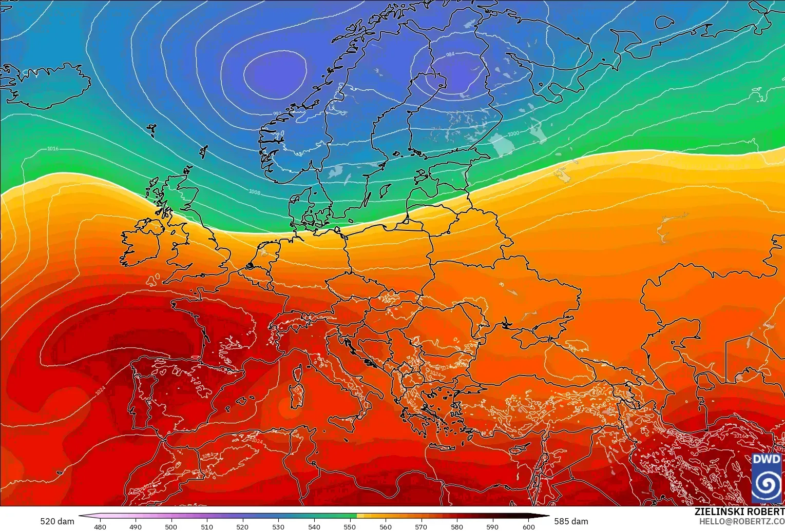ICON modelo - Europa, Altura geopotencial a 500 hPa
