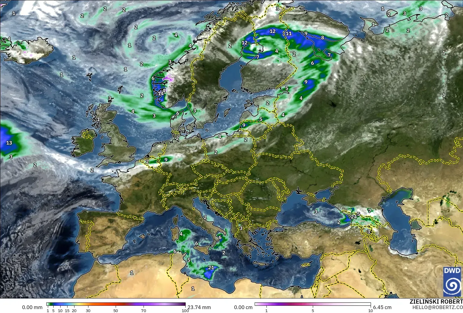 ICON modelo - Europa, Precipitação, nuvens e pressão