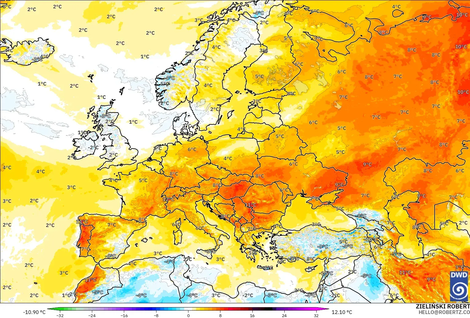 ICON modelo - Europa, Anomalia de temperatura a 2 m