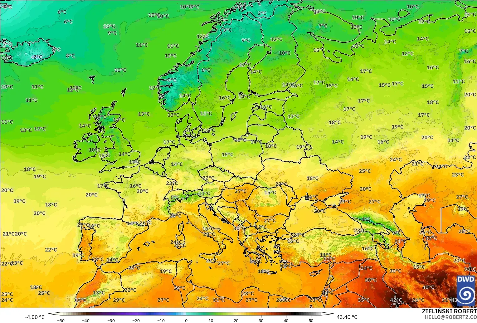 ICON modelo - Europa, Temperatura a 2 m