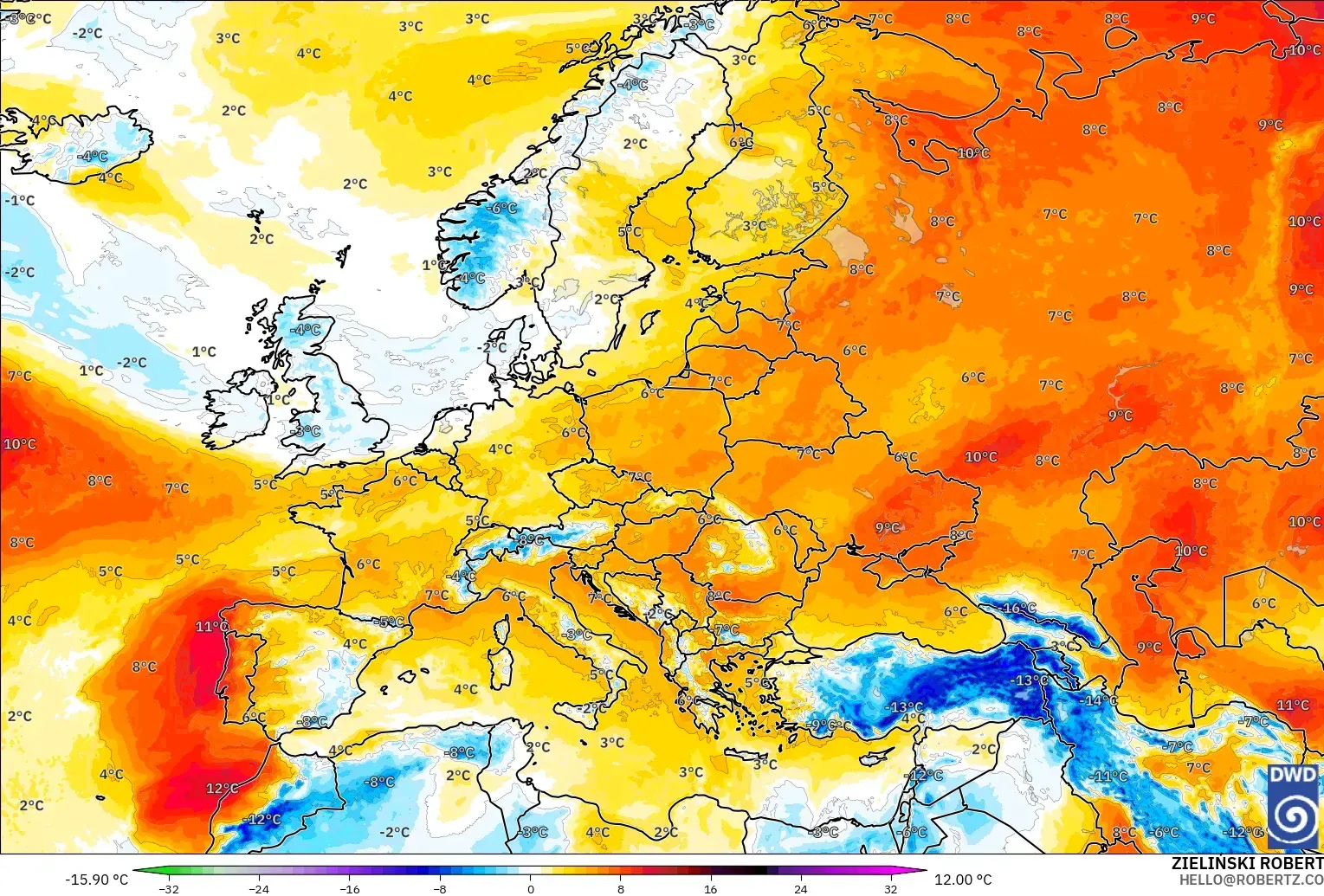 ICON modelo - Europa, Anomalia de temperatura a 850 hPa