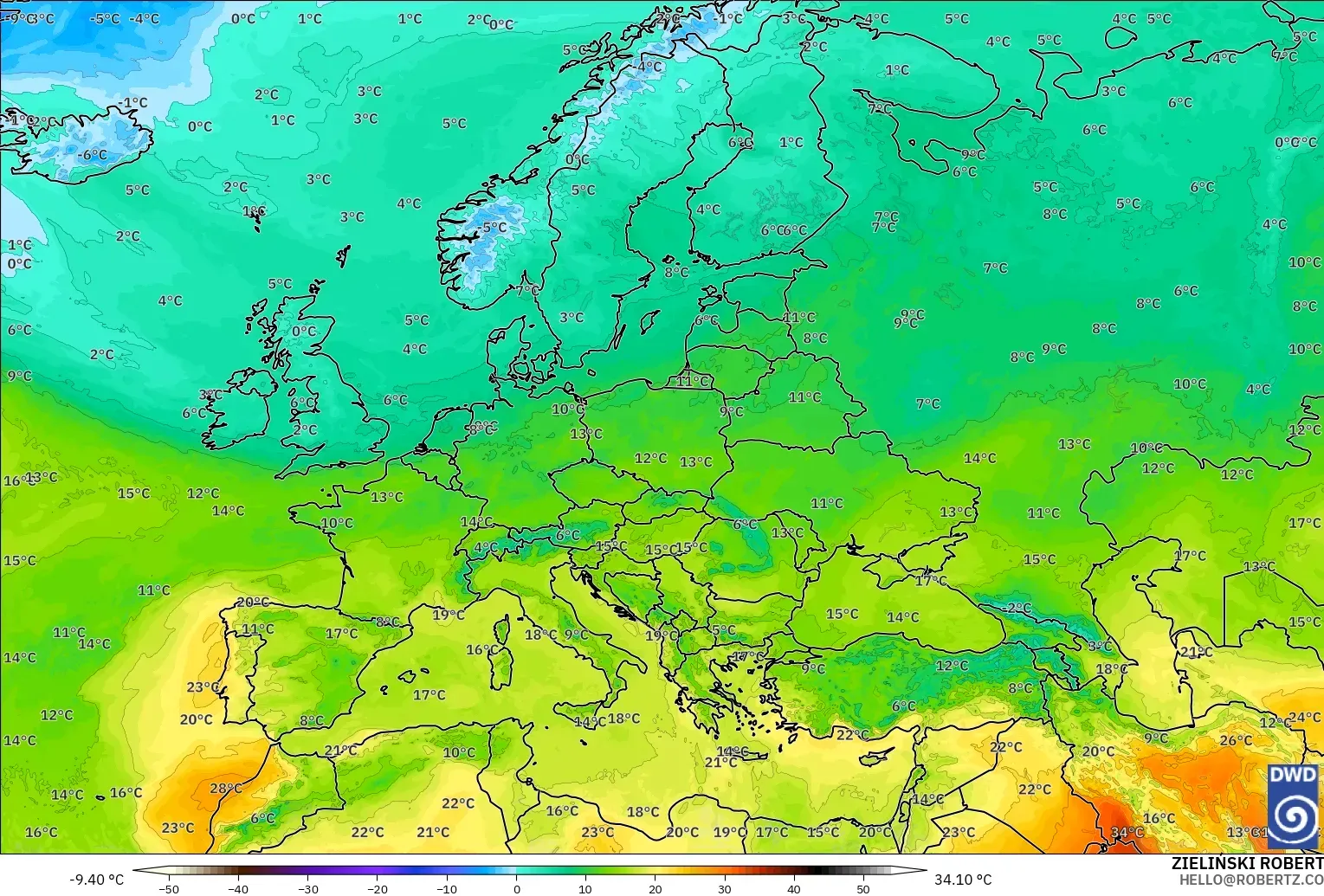 ICON modelo - Europa, Temperatura a 850 hPa