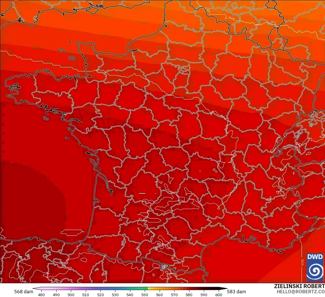 ICON modelo - França, Altura geopotencial a 500 hPa
