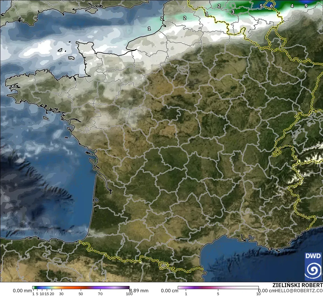 ICON modelo - França, Precipitação, nuvens e pressão