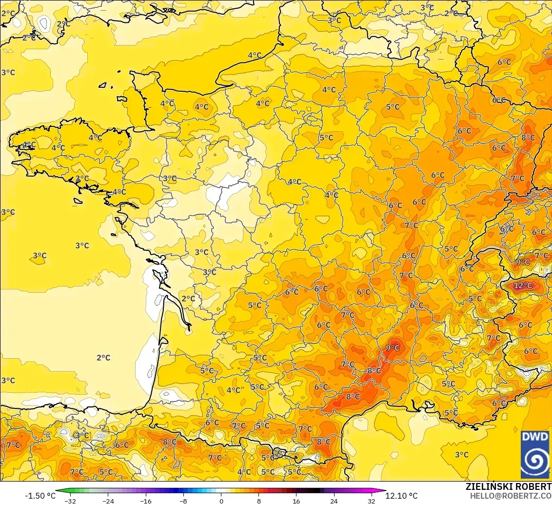 ICON modelo - França, Anomalia de temperatura a 2 m
