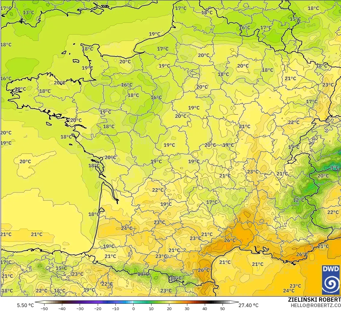 ICON modelo - França, Temperatura a 2 m