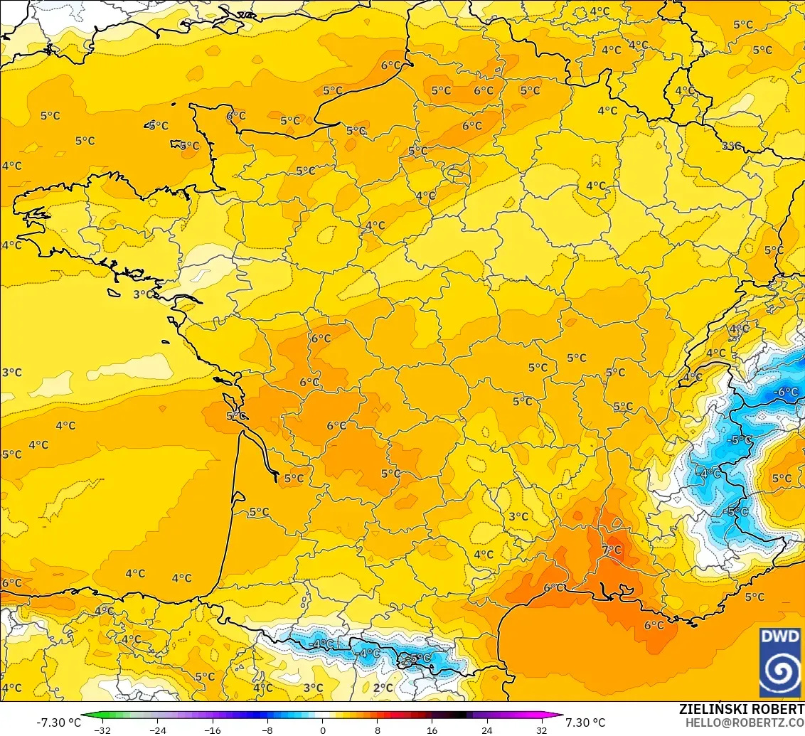 ICON modelo - França, Anomalia de temperatura a 850 hPa