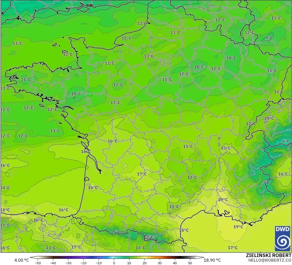 ICON modelo - França, Temperatura a 850 hPa