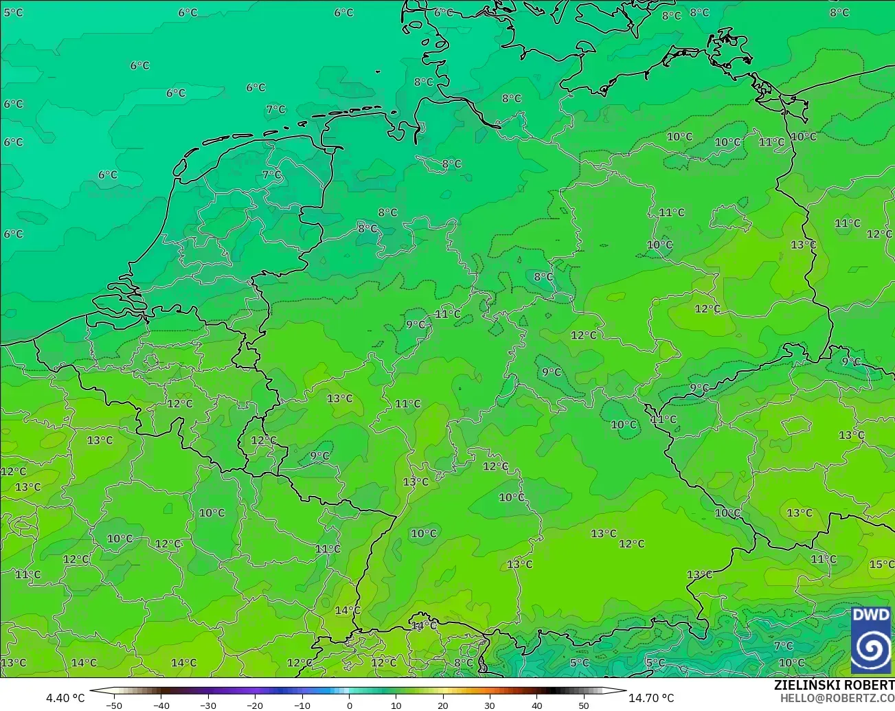 ICON modelo - Alemanha, Temperatura a 850 hPa