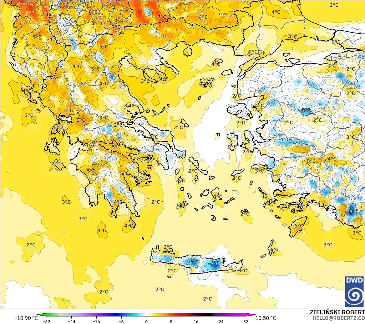 ICON modelo - Grécia, Anomalia de temperatura a 2 m