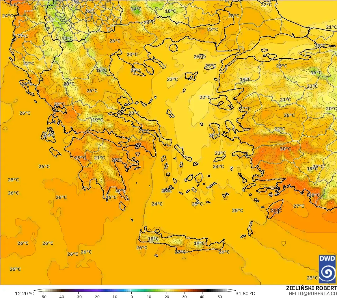 ICON modelo - Grécia, Temperatura a 2 m