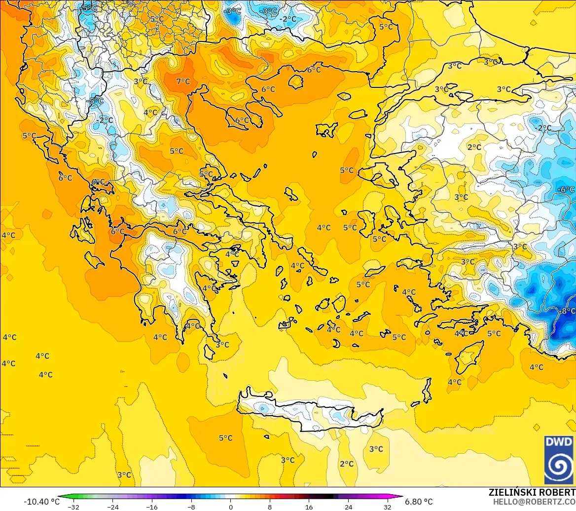 ICON modelo - Grécia, Anomalia de temperatura a 850 hPa