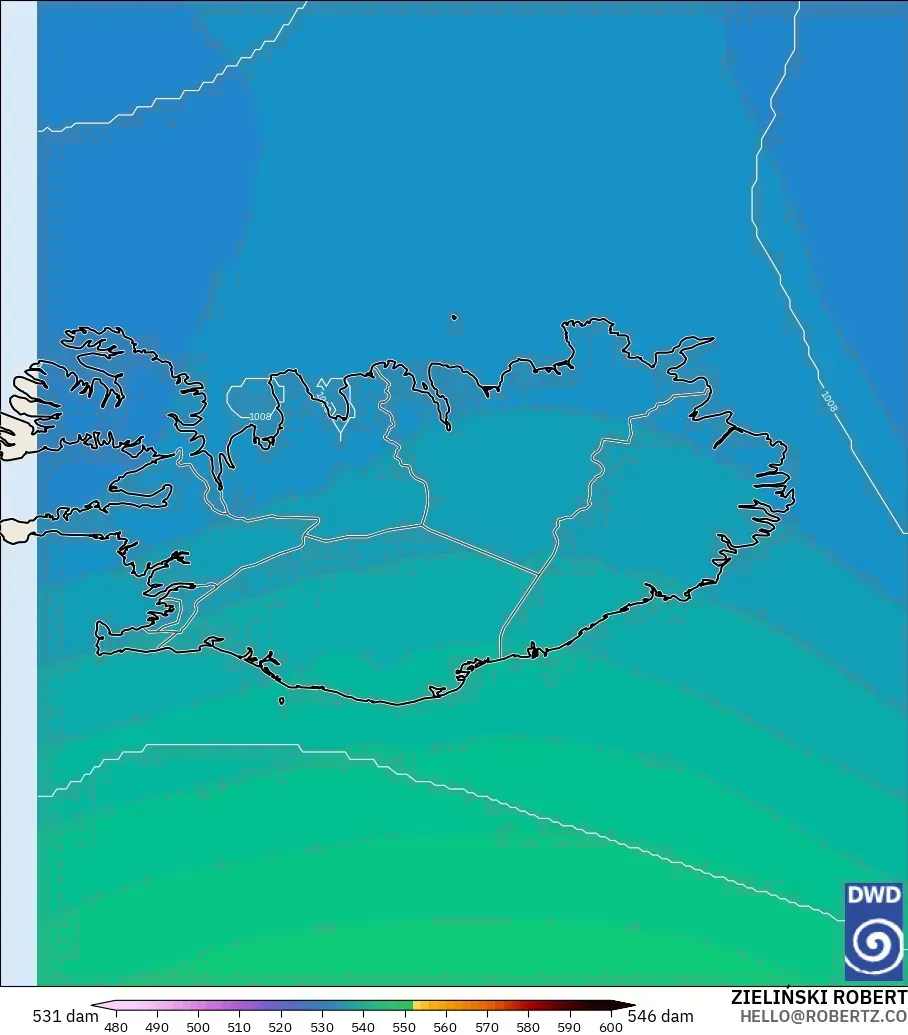ICON modelo - Islândia, Altura geopotencial a 500 hPa