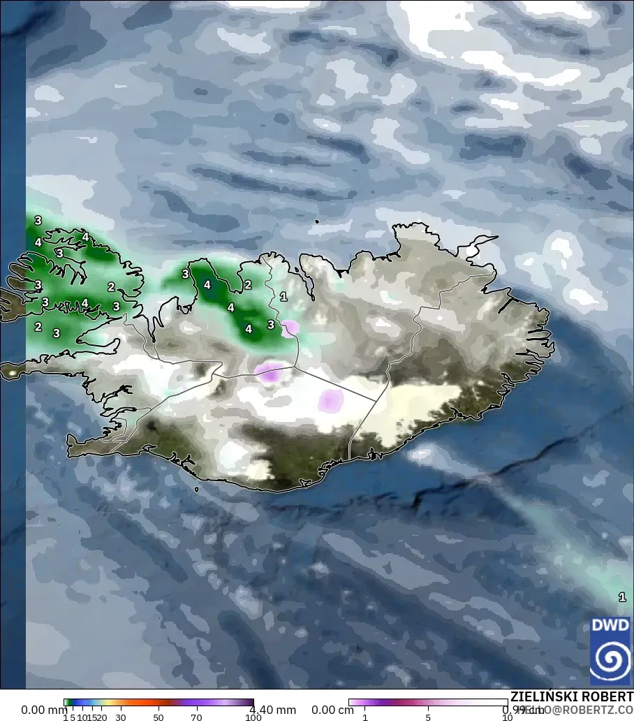 ICON modelo - Islândia, Precipitação, nuvens e pressão