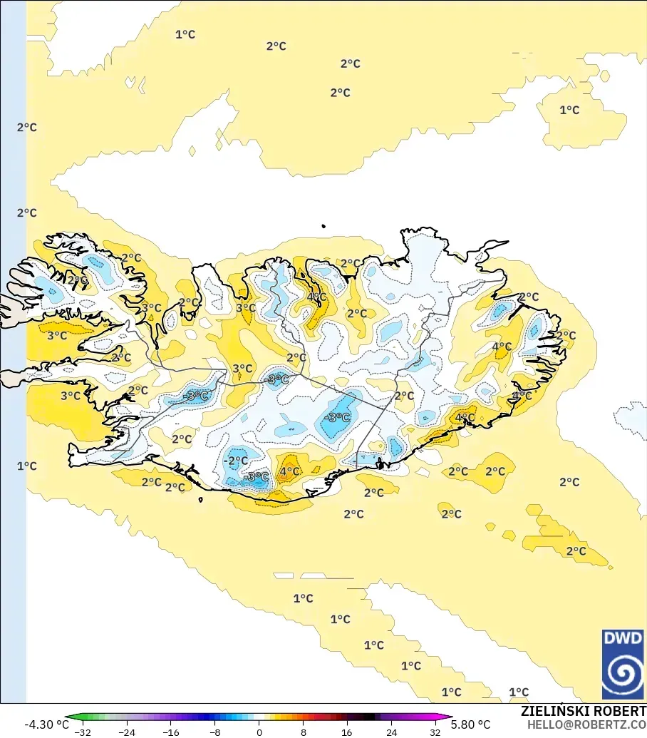 ICON modelo - Islândia, Anomalia de temperatura a 2 m