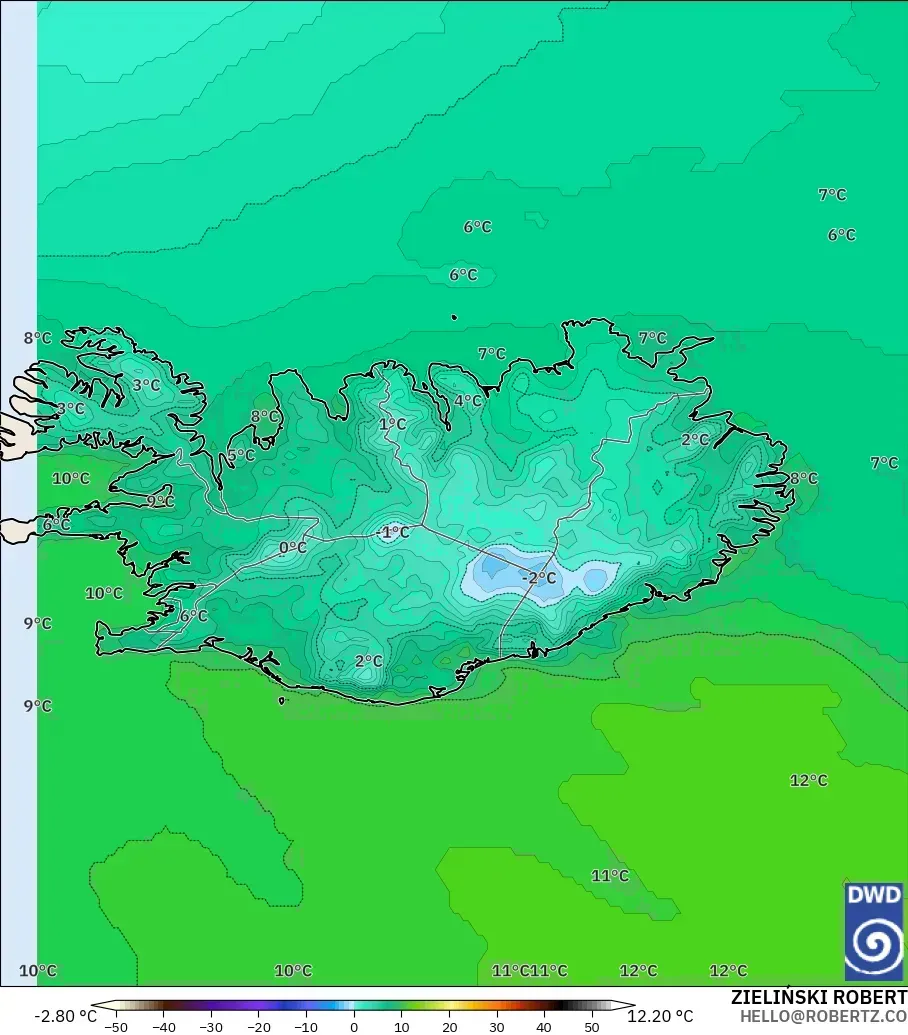 ICON modelo - Islândia, Temperatura a 2 m
