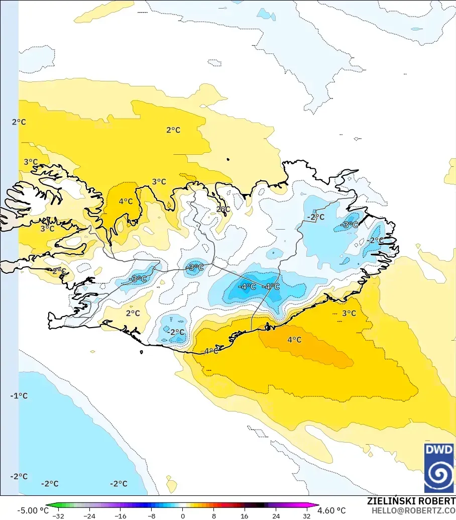 ICON modelo - Islândia, Anomalia de temperatura a 850 hPa