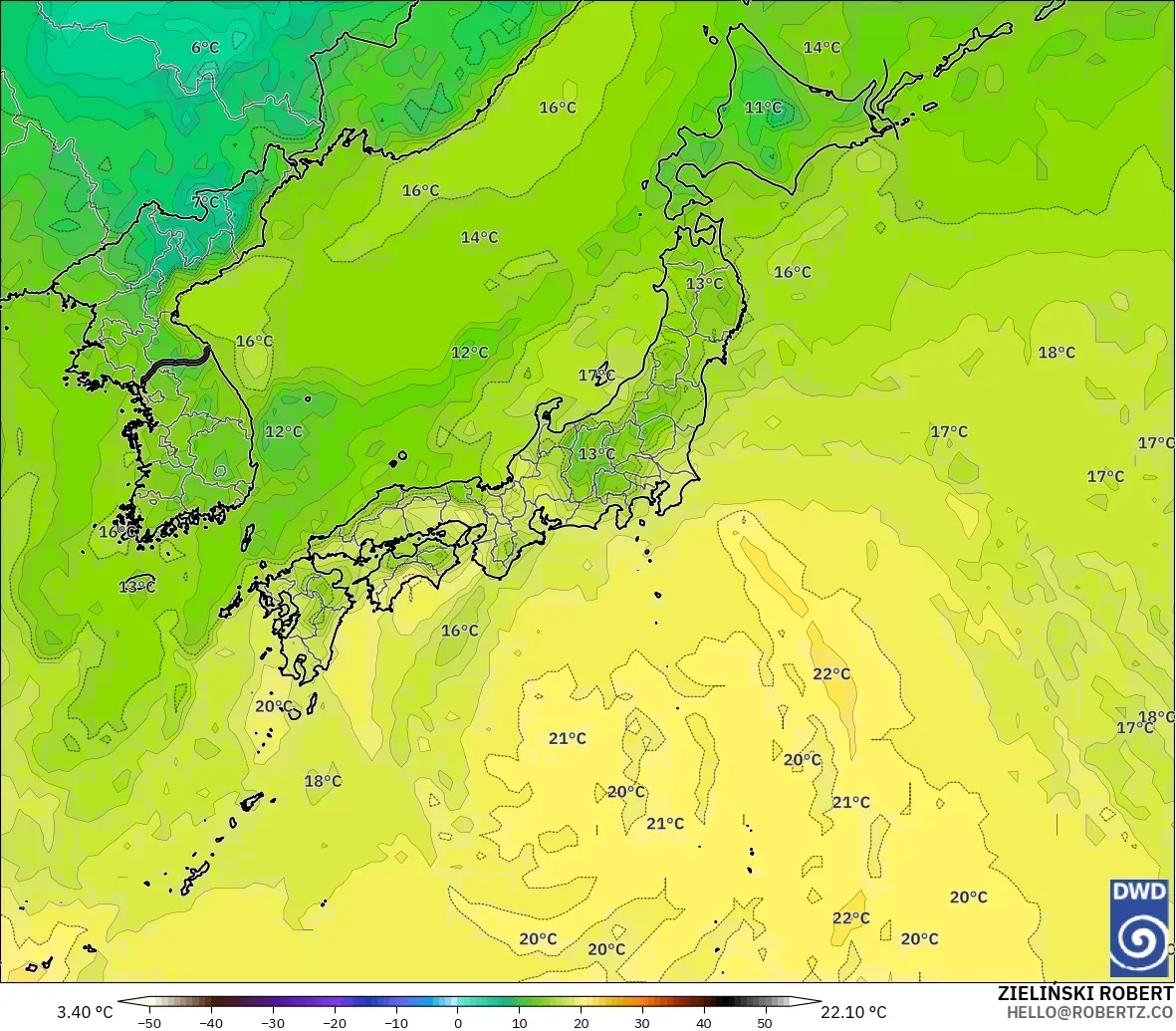 ICON modelo - Japão, Temperatura a 850 hPa
