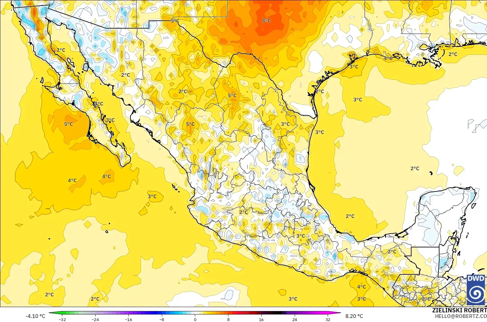 ICON modelo - México, Anomalia de temperatura a 2 m