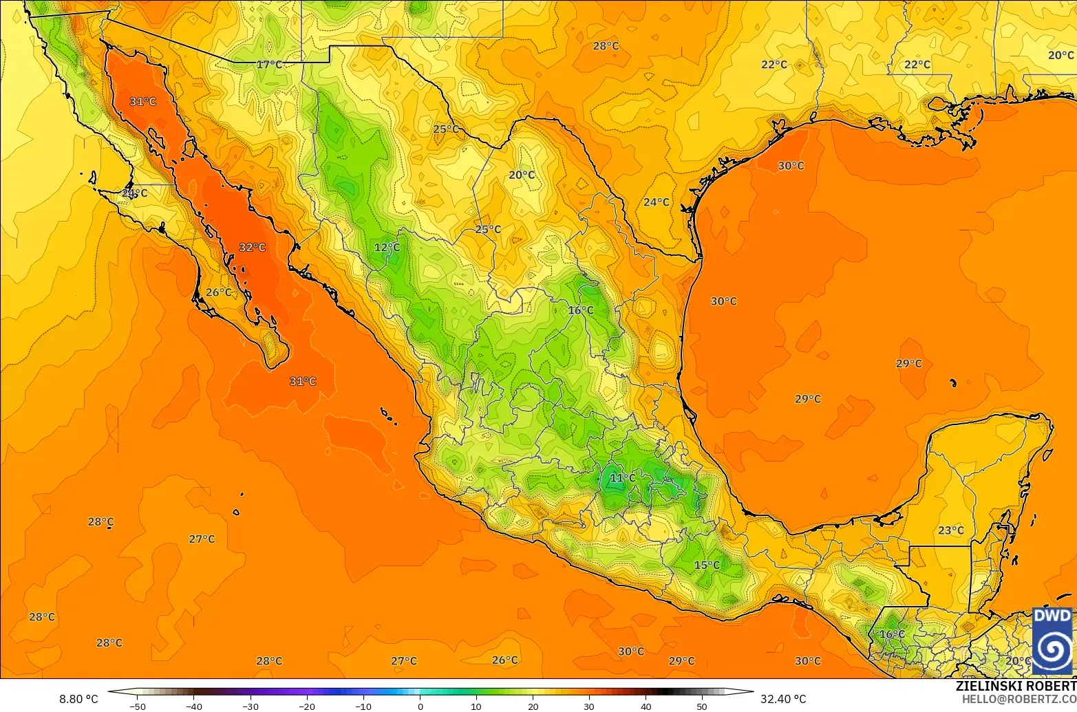ICON modelo - México, Temperatura a 2 m