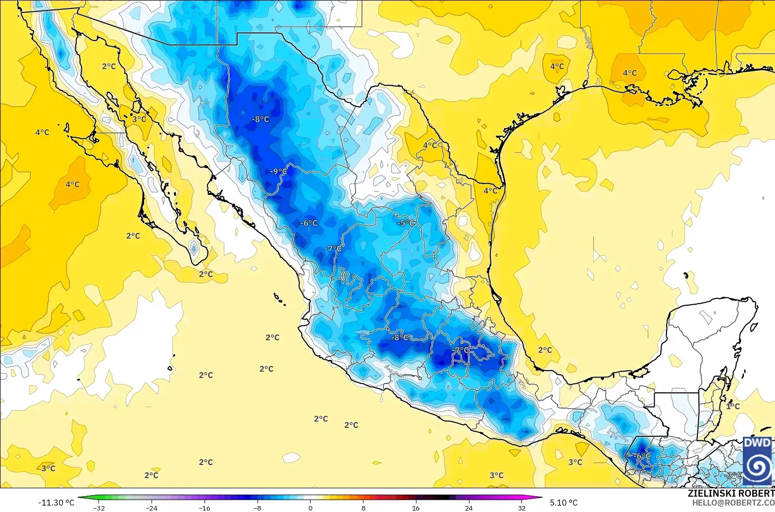 ICON modelo - México, Anomalia de temperatura a 850 hPa