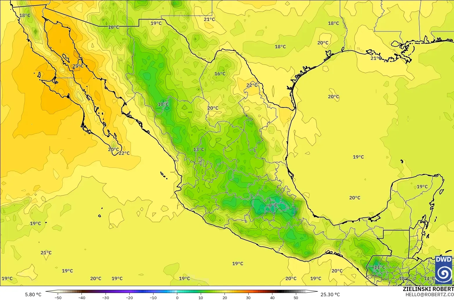ICON modelo - México, Temperatura a 850 hPa