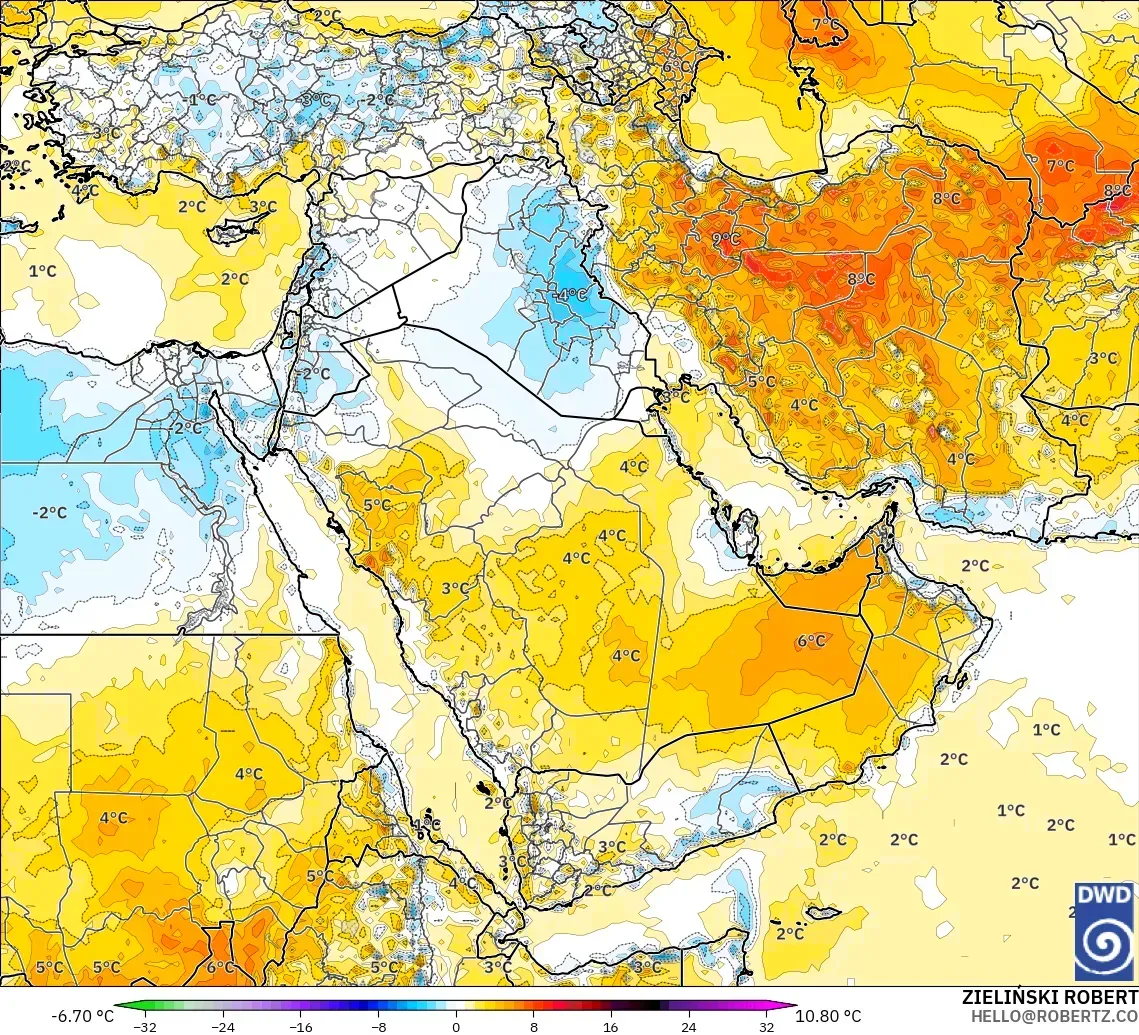ICON modelo - Oriente Médio, Anomalia de temperatura a 2 m
