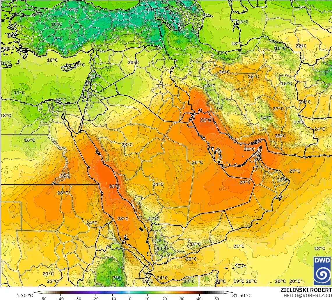 ICON modelo - Oriente Médio, Temperatura a 850 hPa
