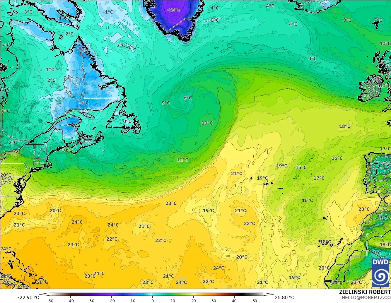 ICON modelo - Atlântico Norte, Ponto de orvalho a 2 m