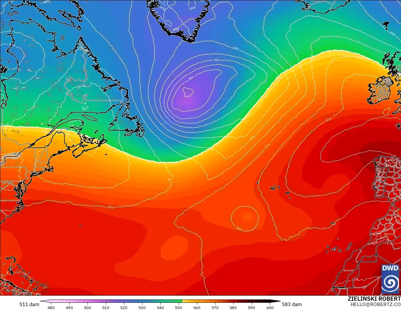 ICON modelo - Atlântico Norte, Altura geopotencial a 500 hPa