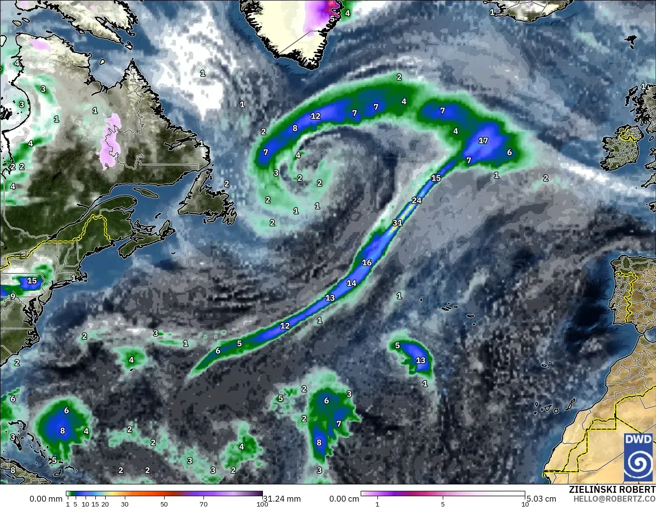ICON modelo - Atlântico Norte, Precipitação, nuvens e pressão