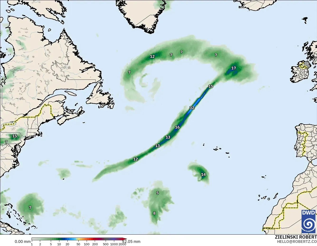 ICON modelo - Atlântico Norte, Acúmulo de precipitação