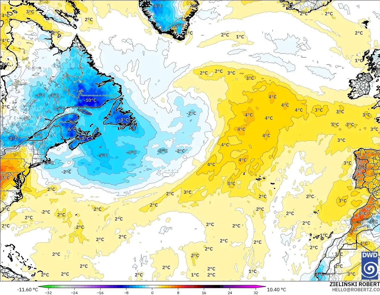 ICON modelo - Atlântico Norte, Anomalia de temperatura a 2 m