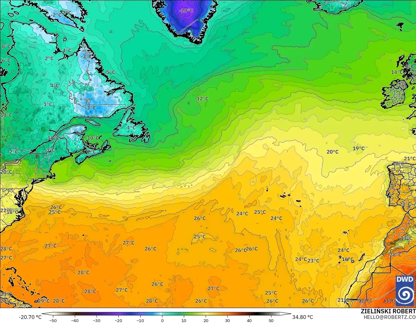 ICON modelo - Atlântico Norte, Temperatura a 2 m