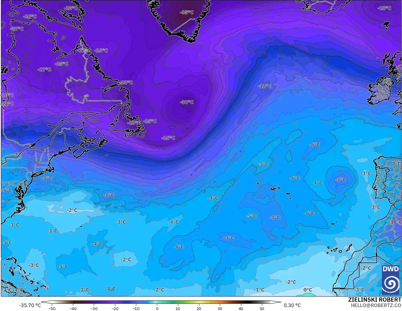 ICON modelo - Atlântico Norte, Temperatura a 500 hPa