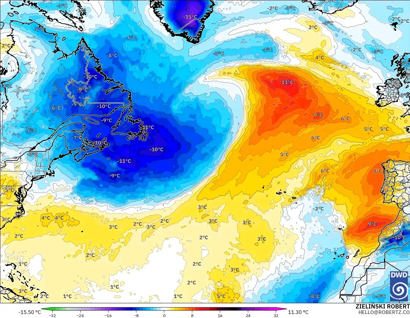 ICON modelo - Atlântico Norte, Anomalia de temperatura a 850 hPa