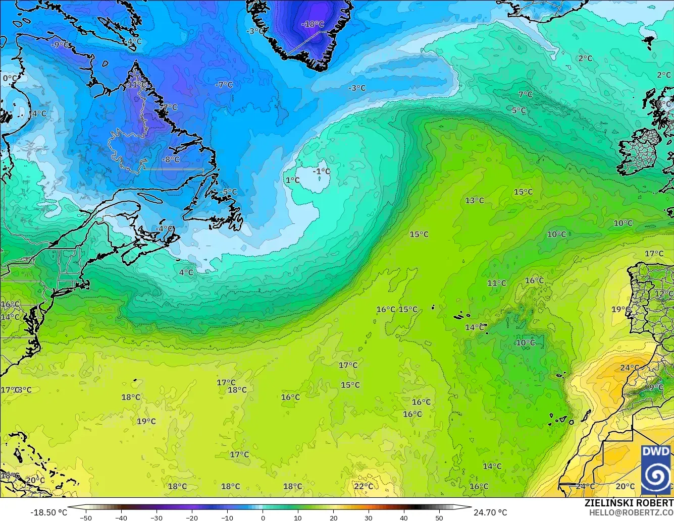 ICON modelo - Atlântico Norte, Temperatura a 850 hPa