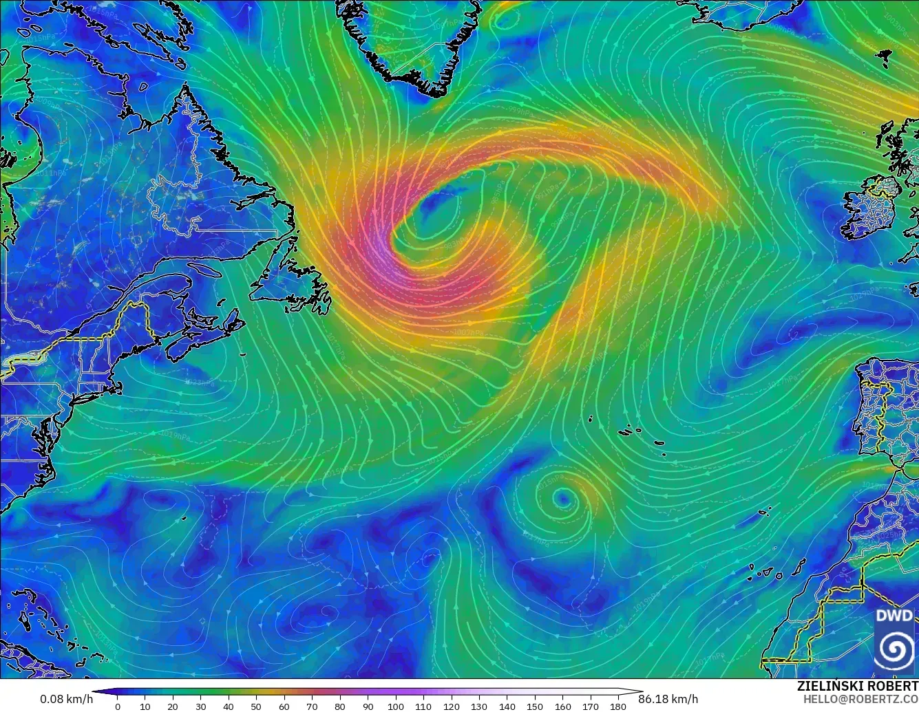 ICON modelo - Atlântico Norte, Vento a 10 m