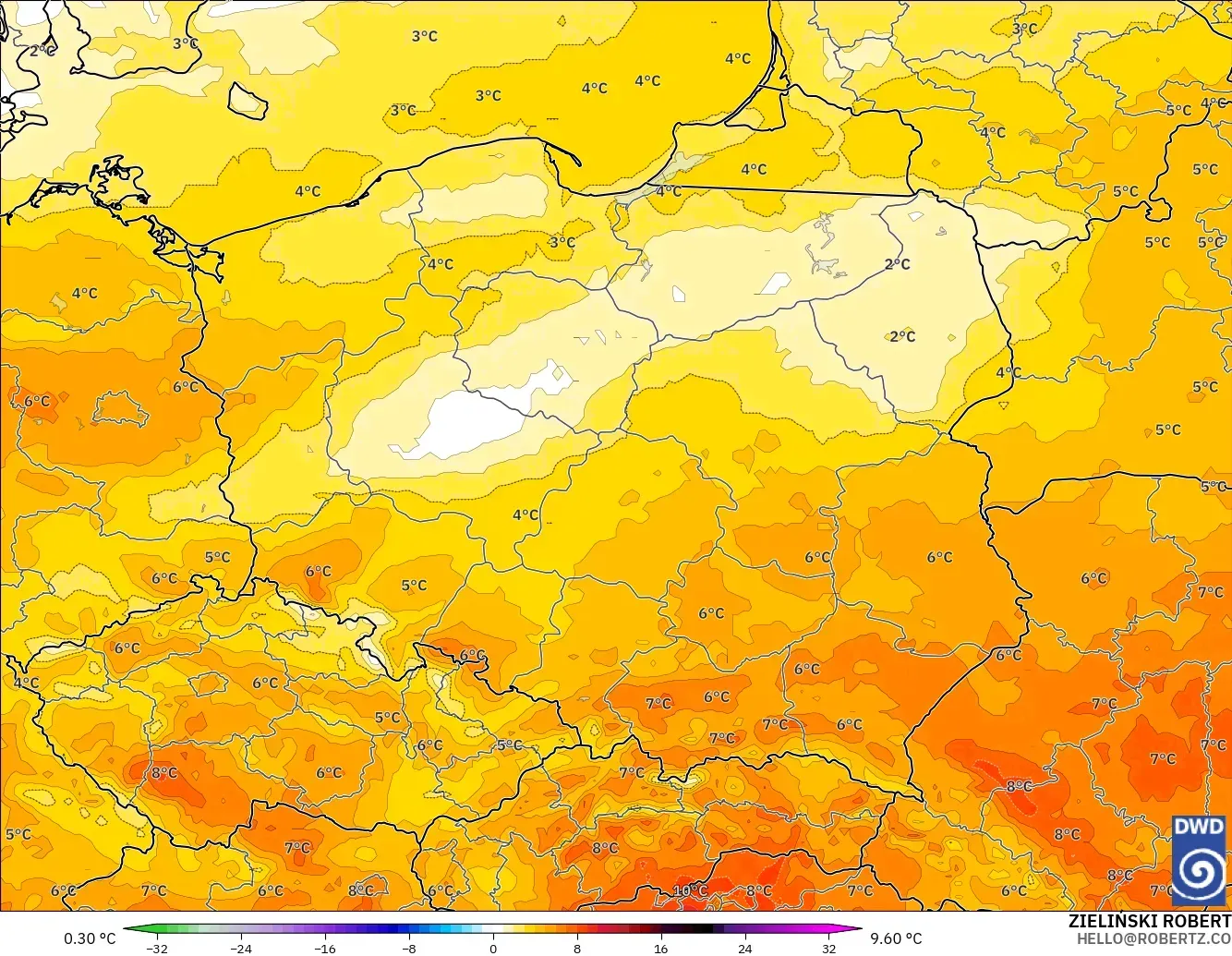 ICON modelo - Polônia, Anomalia de temperatura a 2 m
